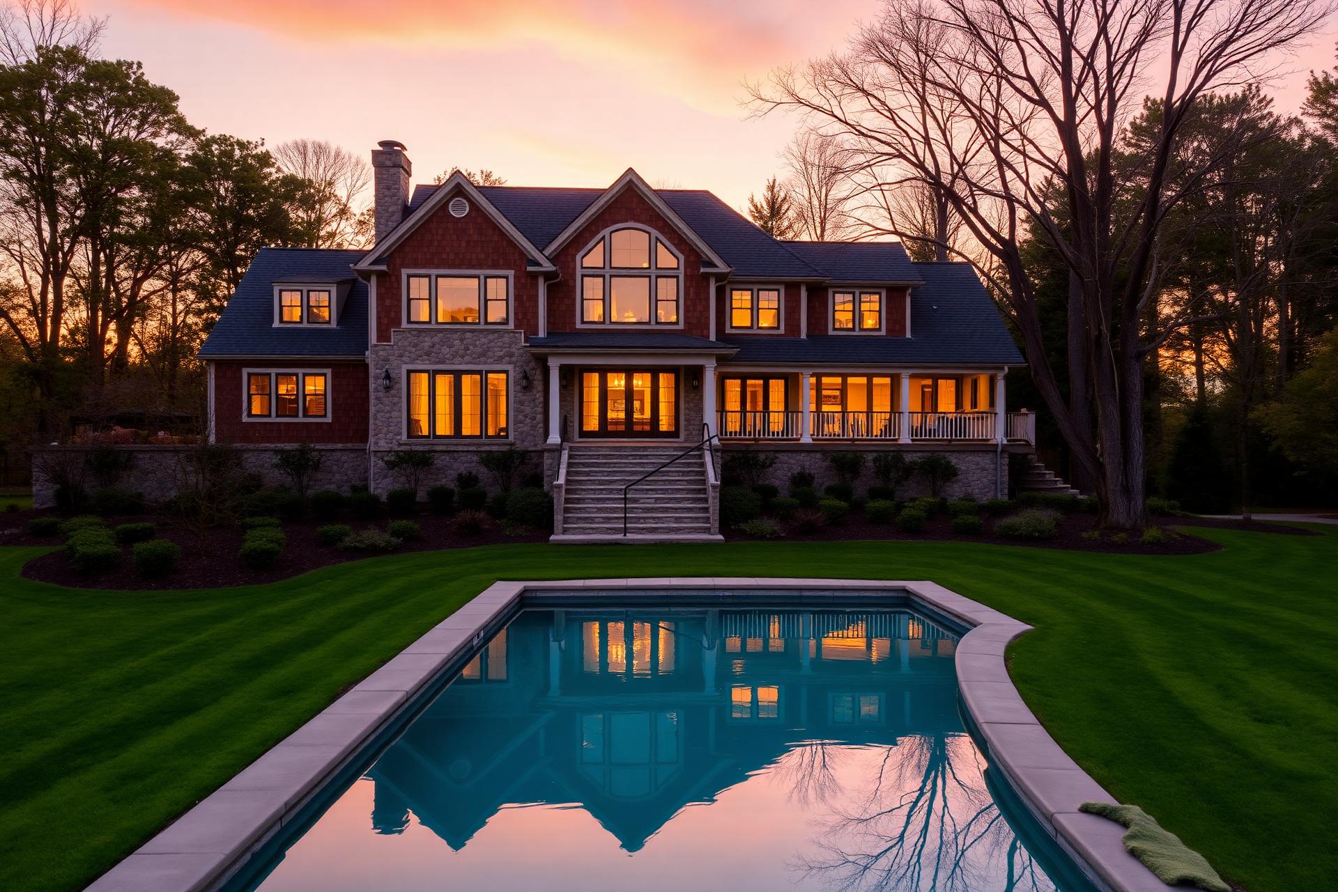 Elevated New England luxury home at golden hour