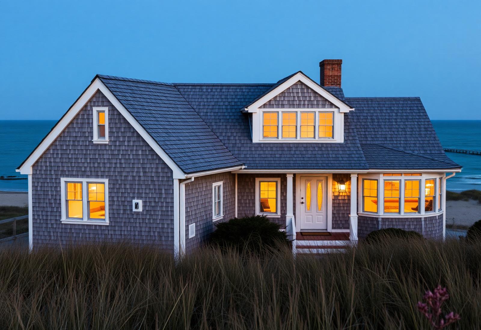 Coastal New England shingle style home at dusk