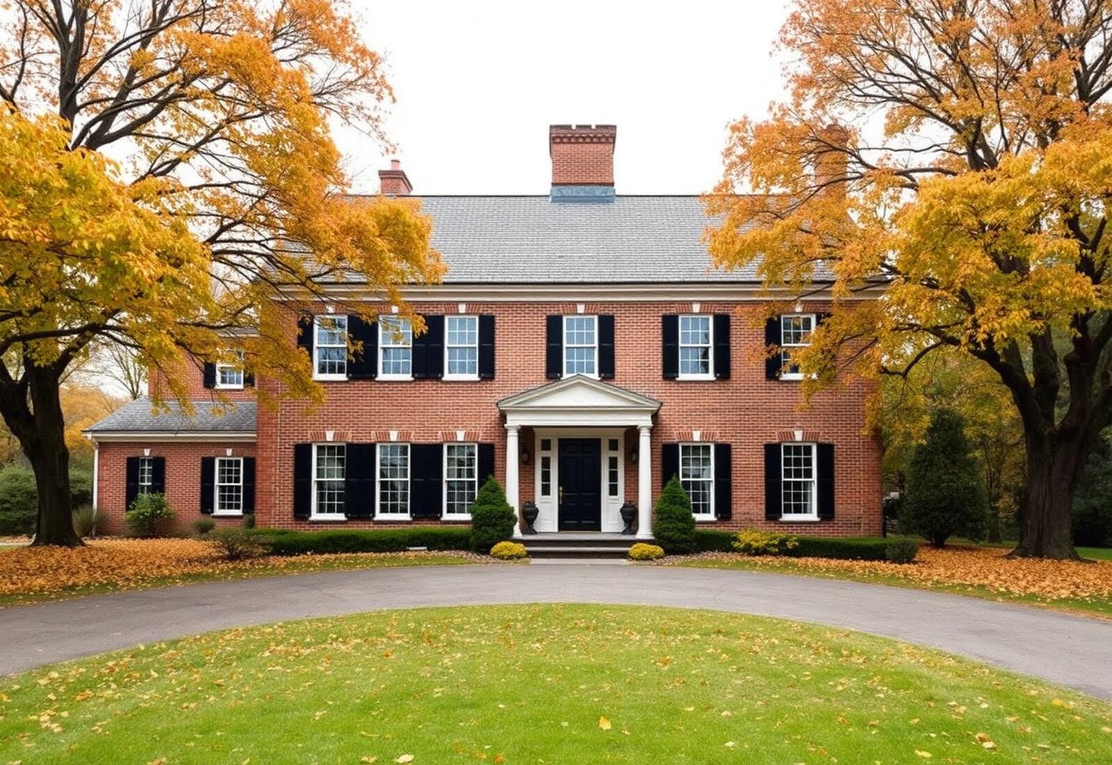 Historic New England estate framed by mature trees